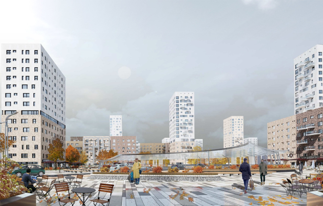 Concept of reorganizing City Blocks 32-33 and 34-35 in the area of the Vernadskogo Avenue. Visualization. View of the square � Ginsburg Architects + Mosproject