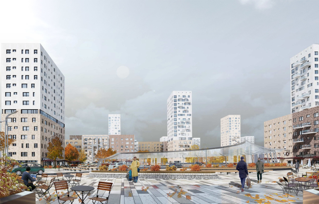 Concept of reorganizing City Blocks 32-33 and 34-35 in the area of the Vernadskogo Avenue. Visualization. View of the square  Ginsburg Architects + Mosproject