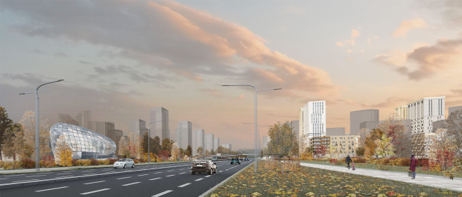 Concept of reorganizing City Blocks 32-33 and 34-35 in the area of the Vernadskogo Avenue. Visualization. View of the Vernadskogo Avenue � Ginsburg Architects + Mosproject