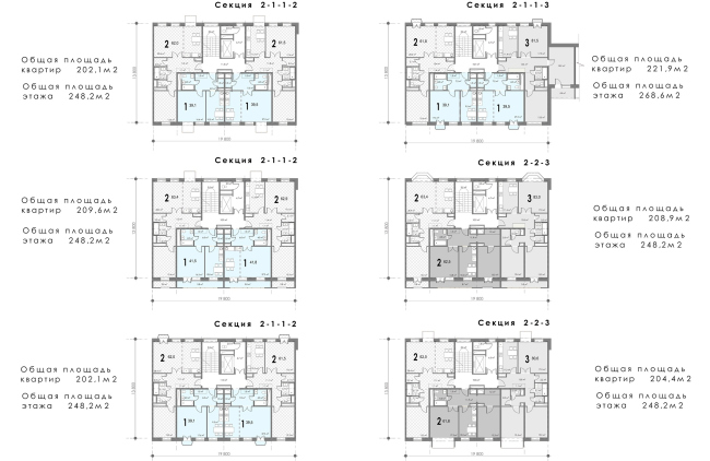 Concept of reorganizing City Blocks 32-33 and 34-35 in the area of the Vernadskogo Avenue. Plans of the standard floors of the linear sections  Ginsburg Architects + Mosproject