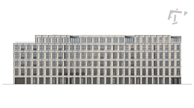 Contest project of renovating the First Exemplary Printing Works. Facade of Building 2 standing along the 3rd Monetchikovsky Alley  DNK ag