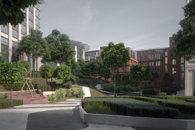 Contest project of renovating the First Exemplary Printing Works. View of the new yard with a park � DNK ag
