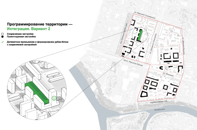 One of the options for integrating the new construction with the preserved houses  UNK project