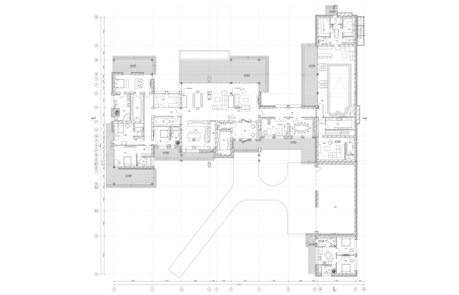 Plan of the first fllor. Wing-house in the Moscow area. Architect: Roman Leonidov  Studio of Roman Leonidov