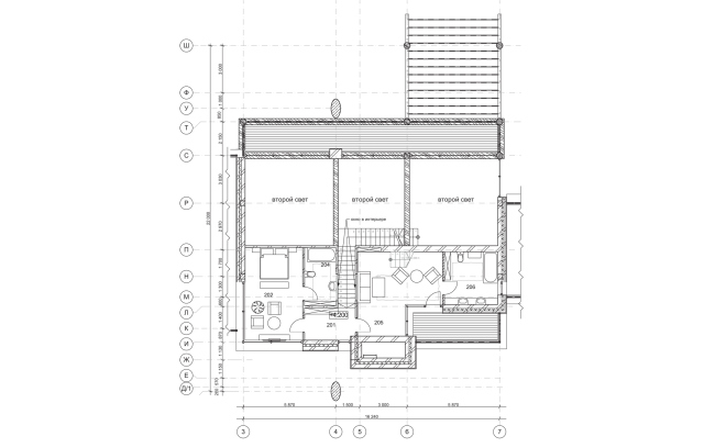 Plan of the second floor. Wing-house in the Moscow area. Architect: Roman Leonidov  Studio of Roman Leonidov