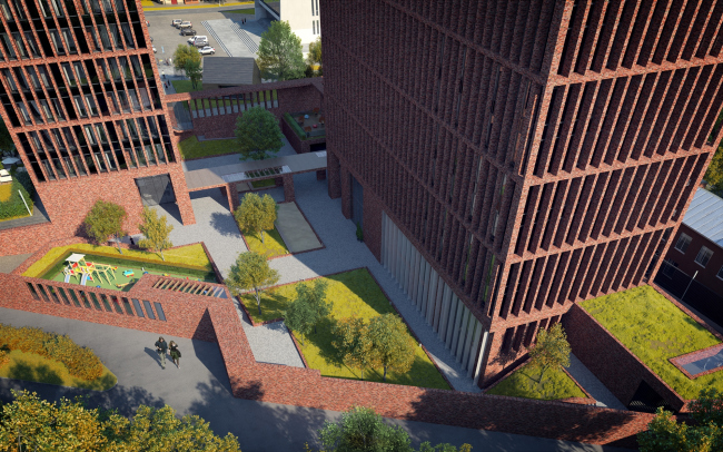 "Egodom" housing complex. The inner yard 3D visualization  Sergey Skuratov ARCHITECTS