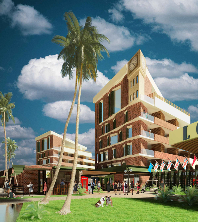 Development of the territory of "Paradise Waters" resort. The "English" hotel, view from the pedestrian street � Arhitekturium