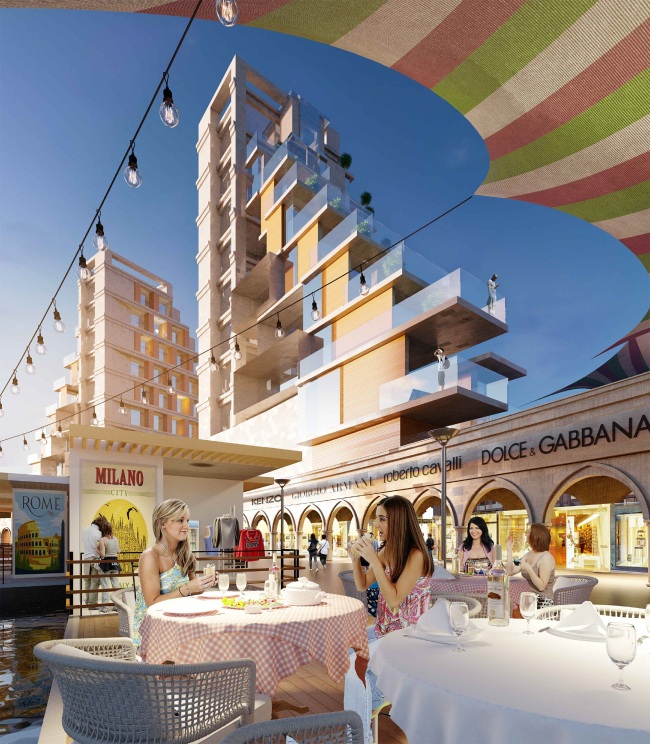 Development of the territory of "Paradise Waters" resort. The "Italian" hotel, view from the pedestrian street � Arhitekturium