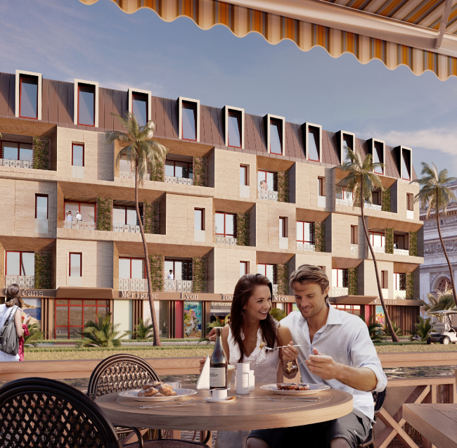Development of the territory of "Paradise Waters" resort. The "French" hotel, view from the pedestrian street  Arhitekturium