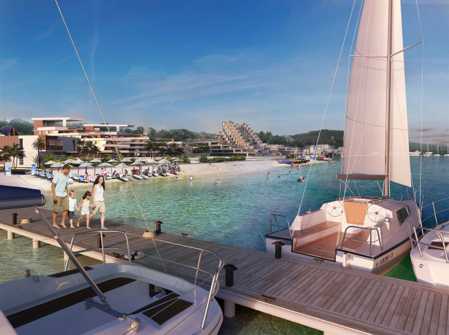 Development of the territory of "Paradise Waters" resort. View from the pier  Arhitekturium