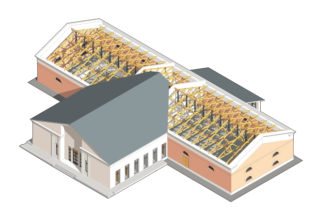 Проект реставрации Звенигородского манежа. Аксонометрия © Архитектурное бюро «Народный архитектор»