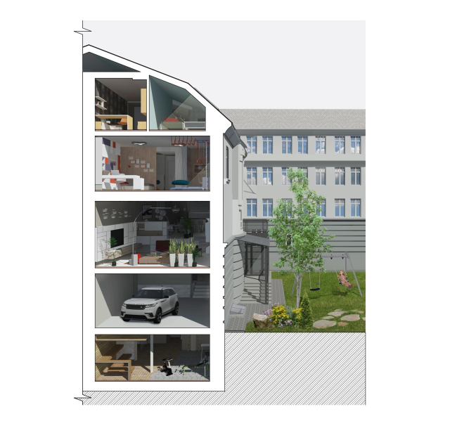 Реконструкция дома в Нижнем Новгороде. 3D разрез © Проект Марины и Сергея Туманиных Реконструкция дома в Нижнем Новгороде. 3D разрез © Проект Марины и Сергея Туманиных