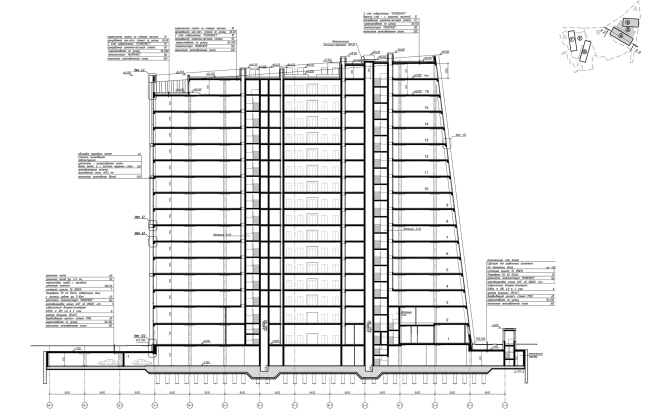 Hotel and business complex on the Rublevo-Uspenskoe Highway. Fragment of Buildings , (offices). Section view 2.2-2.2  Sergey Kisselev and Partners