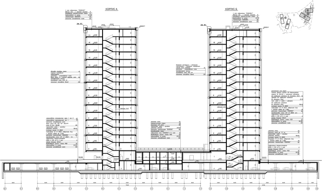 Hotel and business complex on the Rublevo-Uspenskoe Highway. Fragment of Buildings , (offices). Section view 1.2-1.2  Sergey Kisselev and Partners