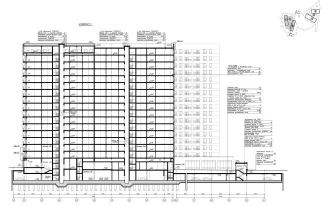 Hotel and business complex on the Rublevo-Uspenskoe Highway. Fragment of Buildings B, (hotel). Section view 3.1-3.1  Sergey Kisselev and Partners