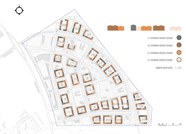 Architectural and town planning concept of housing construction in the city of Orenburg. The scheme of allocating the residential blocks with the numbers of floors indicated © Sergey Kisselev and Partners