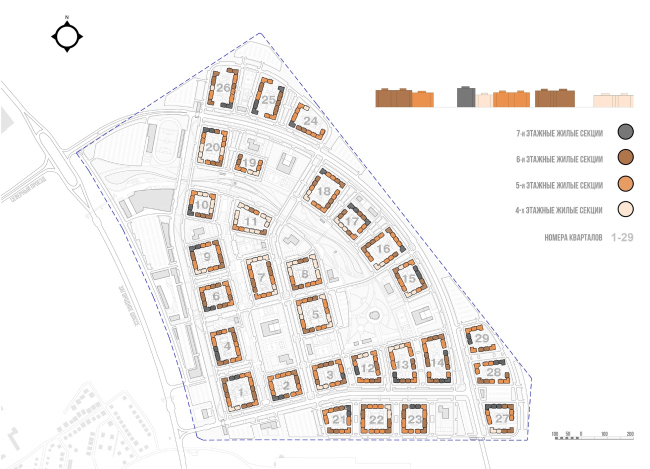 Architectural and town planning concept of housing construction in the city of Orenburg. The scheme of allocating the residential blocks with the numbers of floors indicated  Sergey Kisselev and Partners
