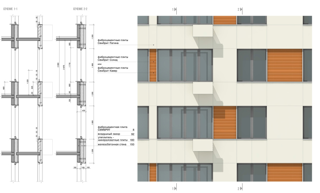 Architectural and town planning concept of housing construction in the city of Orenburg. Fragment of the facade of a residential section � Sergey Kisselev and Partners
