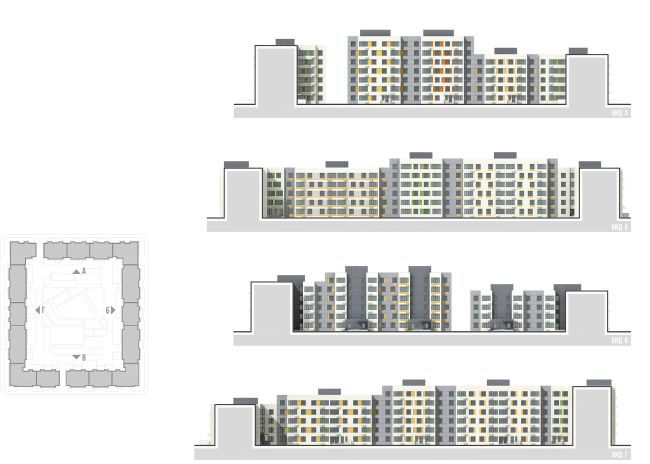 Architectural and town planning concept of housing construction in the city of Orenburg. The development drawing of the yard facades of Residential Block #1  Sergey Kisselev and Partners