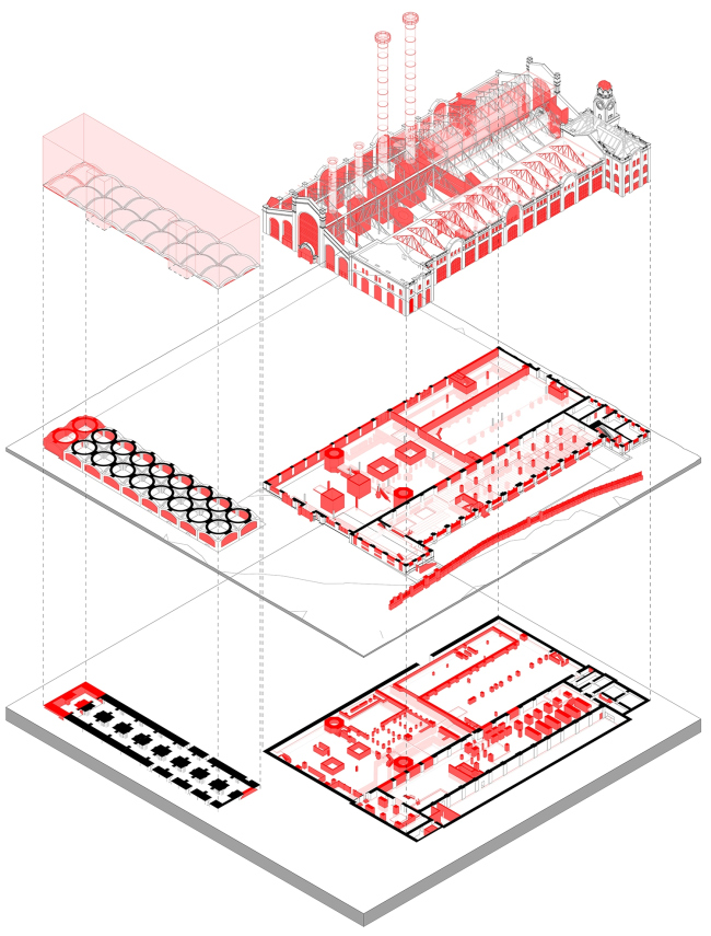 GES-2. Exploded view of the dismantled and preserved parts of the building  APEX project bureau