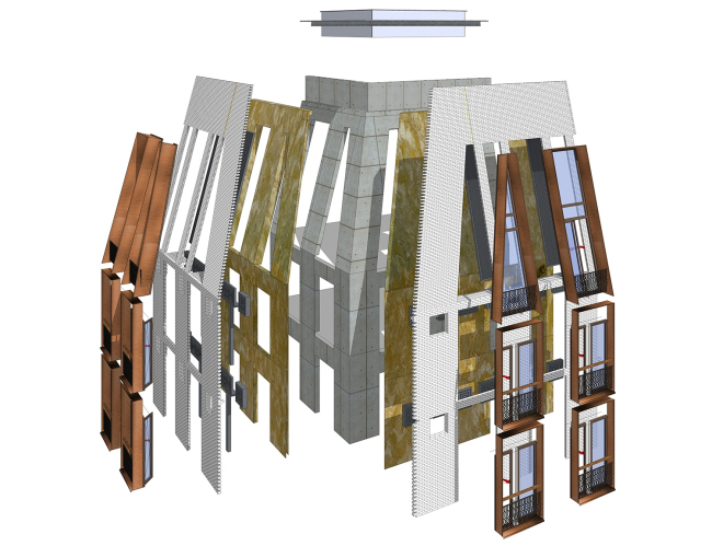 A housing complex at the Dolgorukovskaya Street. Exploded view of the layers of the facade  APEX project bureau