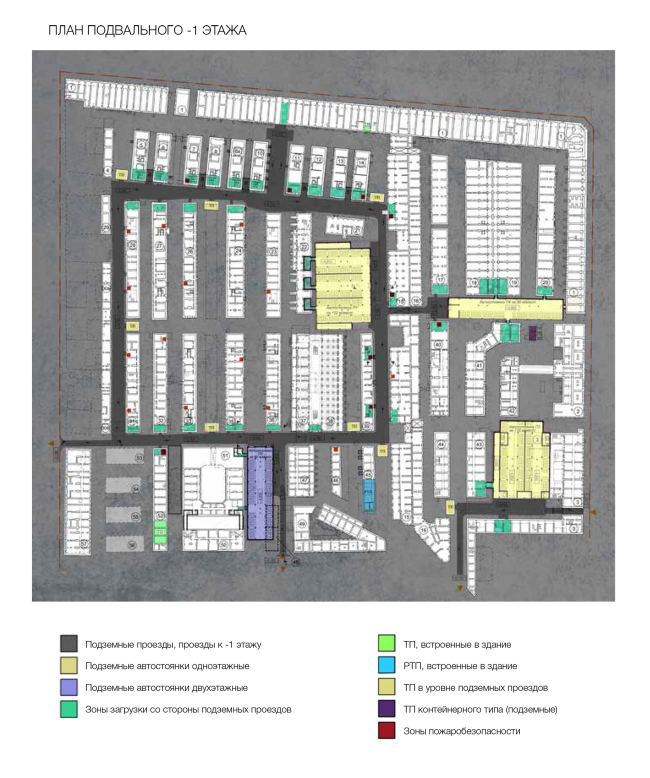 Plan of the basement floor on the -1st level. Version 1. Renovation and reorganization to fit modern functions of the regional cultural heritage site "Apraksin Dvor with the Mariinsky Market"  Studio 44