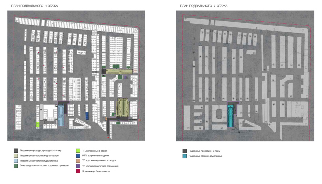 Plan of the basement floor on the -1st and -2nd level. Version 2. Renovation and reorganization to fit modern functions of the regional cultural heritage site "Apraksin Dvor with the Mariinsky Market"  Studio 44