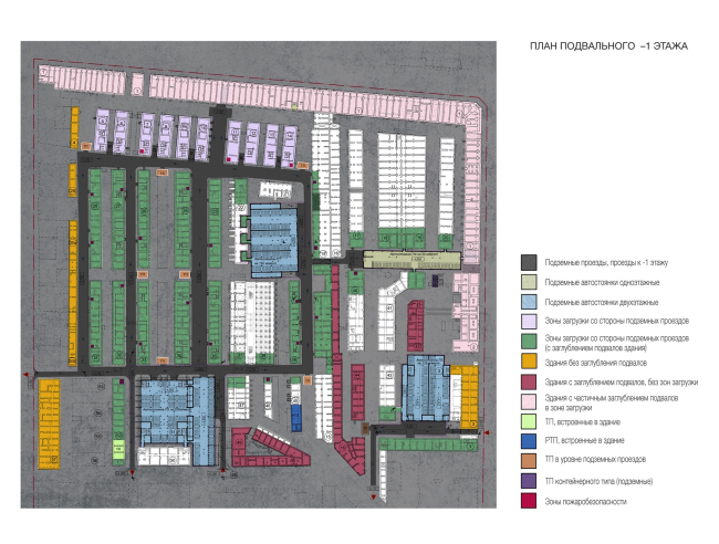 Plan of the basement floor on the -1st level. Version 2. Renovation and reorganization to fit modern functions of the regional cultural heritage site "Apraksin Dvor with the Mariinsky Market" � Studio 44