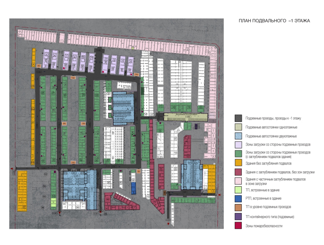 Plan of the basement floor on the -1st level. Version 2. Renovation and reorganization to fit modern functions of the regional cultural heritage site "Apraksin Dvor with the Mariinsky Market"  Studio 44