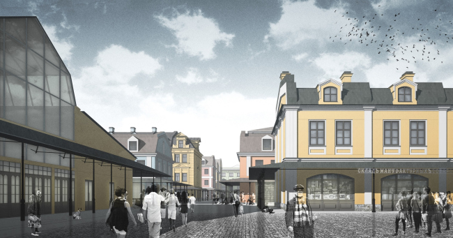 Plan of the basement floor on the -1st level. Version 1. Renovation and reorganization to fit modern functions of the regional cultural heritage site "Apraksin Dvor with the Mariinsky Market" � Studio 44