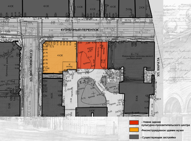 The construction site of the new wing is marked in red. Concept of developing the Dostoyevsky Literary Memorial Museum. View of the museum from the Marata Street  Evgeny Gerasimov & Partners