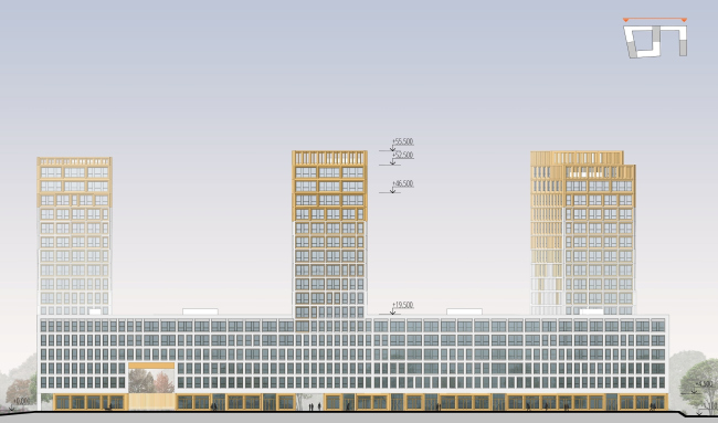 "Golden City" residential complex. Block #7. The facade in the axes 41'-1'  KCAP + ORANGE + A.Len