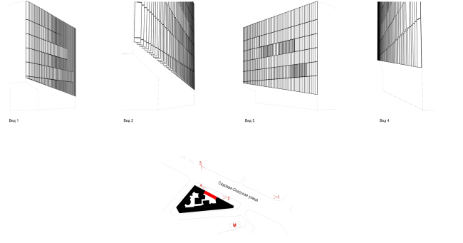 Administrative and business building in the Myasnitsky Drive. Perception of the screen from various vantage points  Ostozhenka