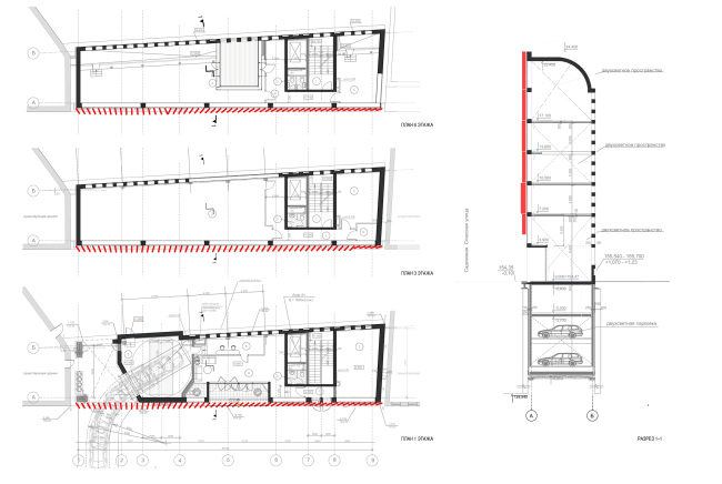 Administrative and business building in the Myasnitsky Drive. Plans of the 1st, 2nd, 3rd, and 6th floors. Section views 1-1  Ostozhenka