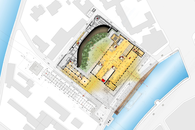 Aligned plan of the first floor. The V-A-C foundation Center of Modern Culture in the former GES-2 power plant  Renzo Piano Building Workshop (RPBW)