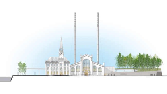 The north facade. The V-A-C foundation Center of Modern Culture in the former GES-2 power plant � Renzo Piano Building Workshop (RPBW) & APEX project bureau