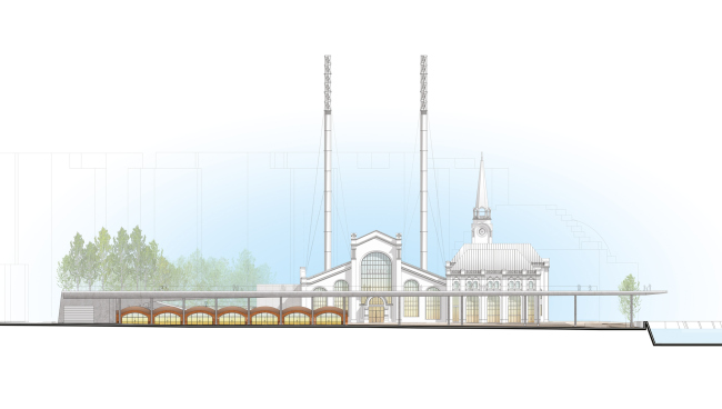 The south facade. The V-A-C foundation Center of Modern Culture in the former GES-2 power plant � Renzo Piano Building Workshop (RPBW) & APEX project bureau