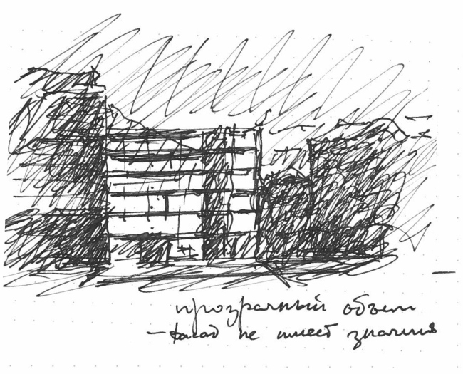Administrative and business building in the Myasnitsky Drive. The facade along the Sadovo-Spasskaya Street. Sketch by Alexander Skokan  Ostozhenka