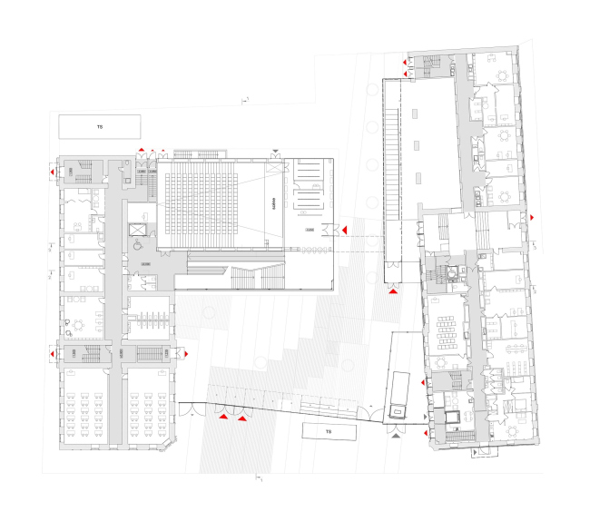 Концепция расширения французского лицея А.Дюма в Милютинском переулке. План уровня 1 © SYNCHROTECTURE совместно с Agence d&#8242;Architecture A. Bechu et Associ&#233;s, СЕТЕК Инжиниринг
