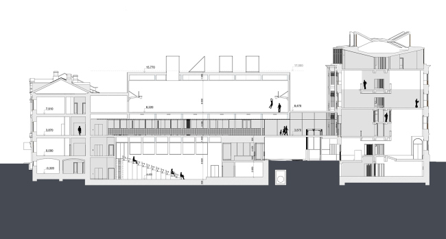 Концепция расширения французского лицея А.Дюма в Милютинском переулке. Разрез © SYNCHROTECTURE совместно с Agence d&#8242;Architecture A. Bechu et Associ&#233;s, СЕТЕК Инжиниринг