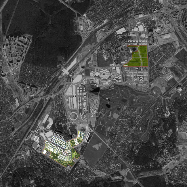 International Medical Cluster in Skolkovo. The master plan with the indication of territories rented by the Government of Moscow for placing the IMC projects. Image courtesy by Asadov Bureau