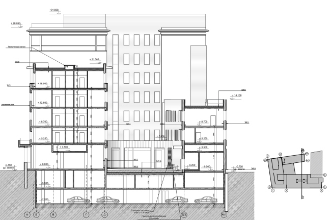 Reconstruction of the building at the Zubovskaya Square. Section view 2-2  "GRAN" architects