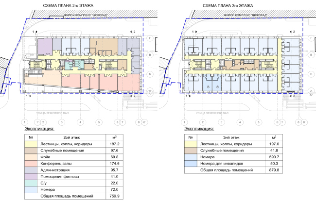 The hotel on the Zemlyanoi Val Street. The layouts of the 2nd and 3rd floors