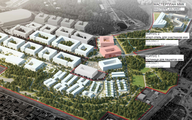 International Medical Cluster in Skolkovo. The revised master plan with of District D-1 with IMC projects. Image courtesy by Asadov Bureau