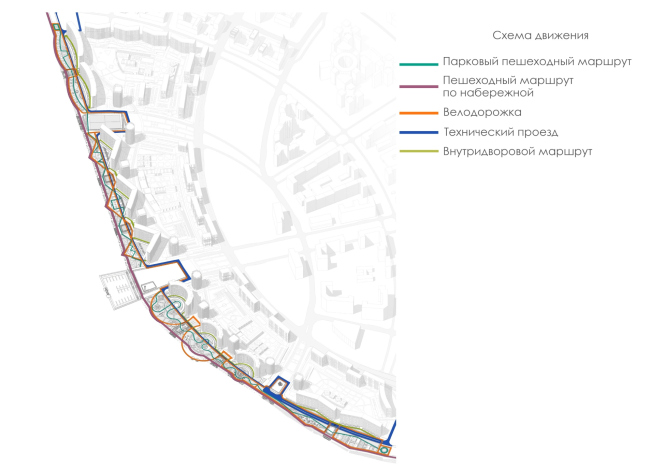 The concept of landscaping the pedestrian areas and public territories on the alluvial lands of the Neva Bay. Transport diagram. Copyright:  Studio 44