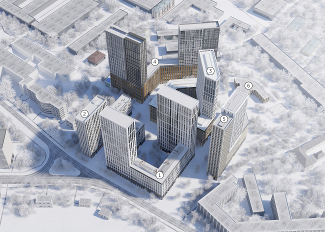 ILOVE housing complex. Birds-eye view. Arrangement of the buildings