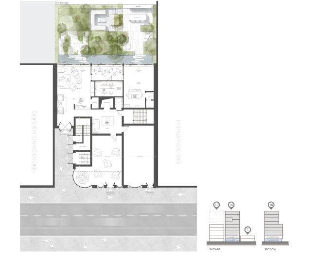 Snail Apartments housing complex. The public space