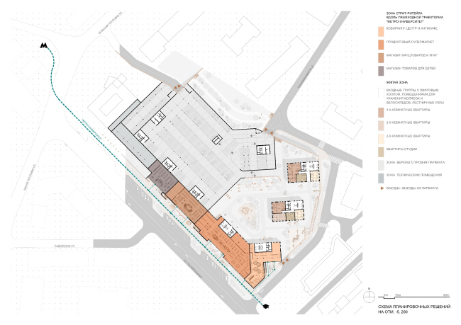 The multifunctional housing complex at Malaya Pochtovaya, 12. The scheme of the planning solutions at the -5.200 elevation