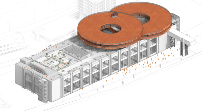 Concept of the public and office campus on the roof of Production Facility B on the territory of “Sevkabel Port”.