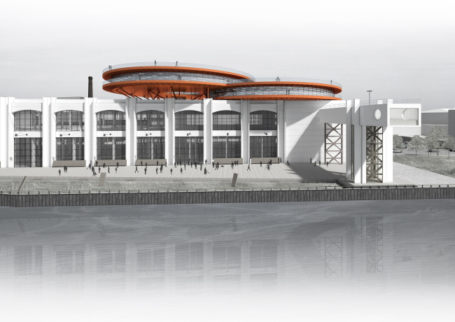 Concept of the public and office campus on the roof of Production Facility B on the territory of Sevkabel Port. View from the river